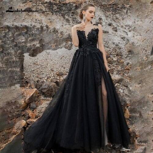 Lakshmigown Black Gothic Wedding Dresses 2021 High Split Backless Lace Appliques Sexy Bridal Gowns vestido de novia Robe Mariee