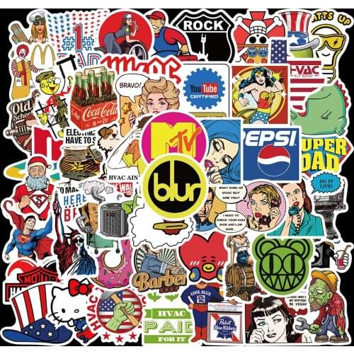 50pcs Cool fashion Brand Logo Stickers Skateboard Luggage Phone Car Guitar Aesthetic Waterproof Graffiti Decals Stickers Kid Toy