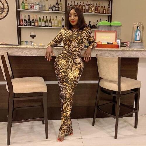 AHVIT New Style Leopard Printed Autunm Winter Fashion Women Dress Long Sleeve Round Collar Skinny Party Maxi Dress QM3856