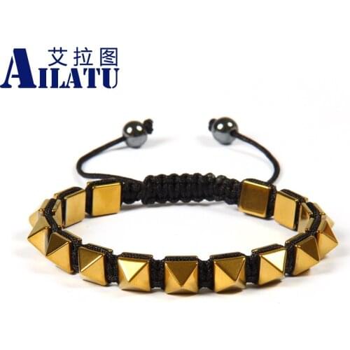 Ailatu Brand Wholesale 10pcs/lot Mens Jewelry 8X8mm Helmatite Stone Beads Pyramid Macrame Braiding Bracelet for Christmas Gift