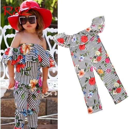 R&Z childrens suit 2019 ins summer new girls print jumpsuit children striped flower tube top jumpsuit word collar clothes