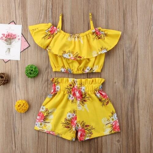 2-7 Years Old Baby Girl Clothes Posing On Shoulder Vest Vest Ruffle Shorts Yellow Floral Camisole Sleeveless Vest + Shorts