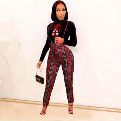 Women Suspender Strap Pants Plaid Pattern High-waist Jumpsuit Overalls Office Lady Slim Fit Pencil Trousers One Piece
