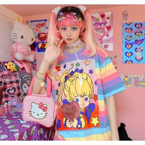 Exclusive original Japanese Harajuku Y2K cartoon print Rainbow Stripe loose short sleeve T-shirt tees