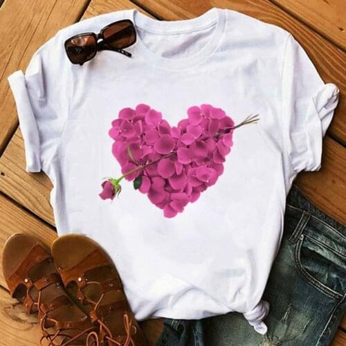 Rose Hearts Women T-shirts Casual Harajuku Love Printed Tops Tee Summer Female T Shirt Short Sleeve T Shirt For Women Clothing
