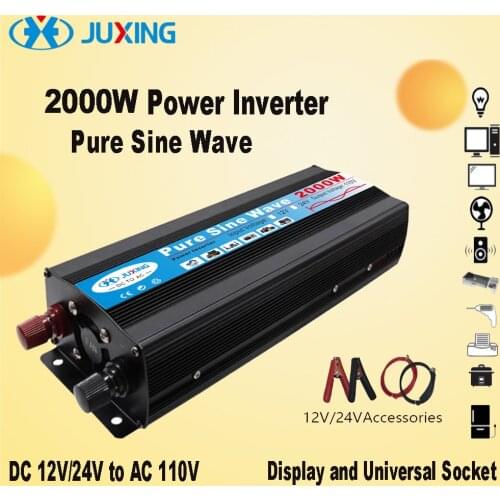 JUXING 2000W Power Inverter DC12V/24V to AC110V with Display and Universal Socket Pure Sine Wave Use for Vehicle, Home, Outdoor