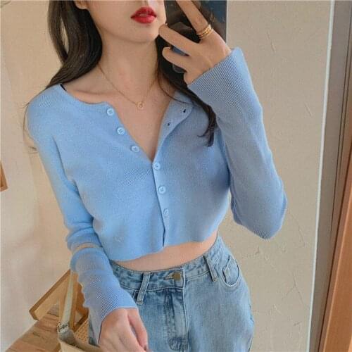 Korean O Neck Short Knitted Sweaters Women Button Thin Cardigan Fashion Long Sleeve Sun Protection Crop Top Ladies Autumn 2021