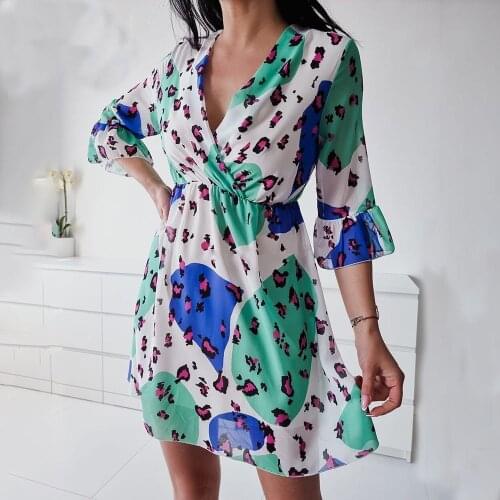 Summer Casual Leopard Print Mini Dress 2021 Women Fashion Green V-neck Half Sleeve Ruffles Party Dresses Ladies Beach Dress