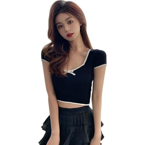 Summer Bottoming To Wear Short Womens Tops Compassionate Slim Bow Tie Square Neck Short-sleeved T-shirt