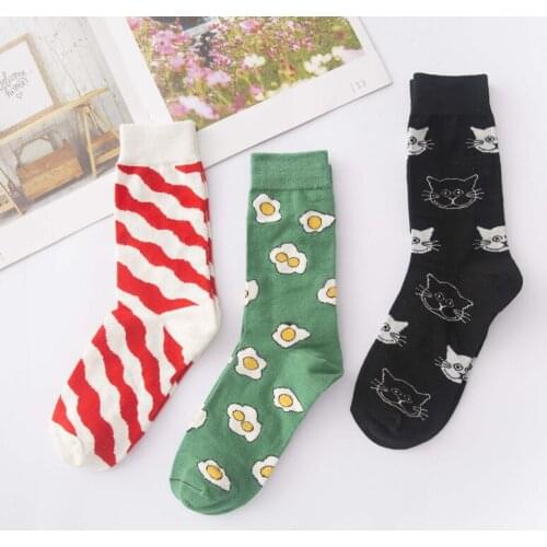 Cute Creative High Quality Fashion Harajuku Kawaii Funny Socks Women Egg Food Painting Cow Cat Print Funny Socks Cute Sock