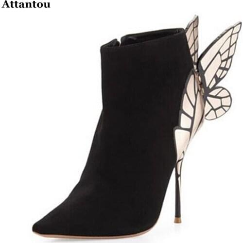 Fashion Black Suede Leather Back Wing Ankle Boots Pointed Toe Stiletto Heels Butterfly Bota shoes woman High Heel Pumps Dress sh