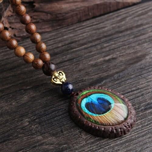 2021 New Handmade Nepal Necklace Buddhist Mala Wood Beads Pendant & Necklace Ethnic Peacock Feather Statement Jewelry Women Men