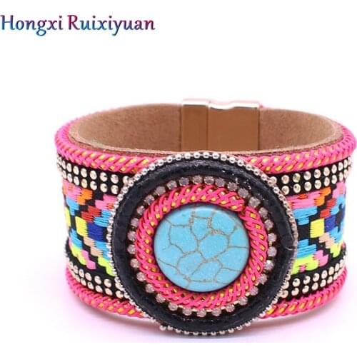 New Bohemian Style Leather Bangle Vintage Pattern Bracelets & Bangles Fashion Round Natural Stone Christmas Gift Jewelry
