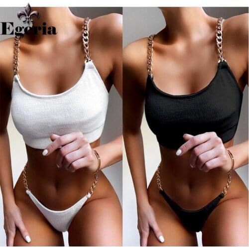 Peachtan Solid bikini 2021 High waist swimwear female Chain swimsuit women Bandeau 2 pieces set Sports bathing suit Ribbed new