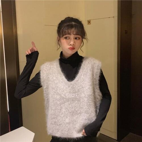 Autumn and winter 2021 100% mink cashmere vest sweater new Korean loose and versatile vest mink cashmere sweater JN960