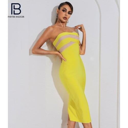 PB Stylish Mesh Splicing Bandage Midi Dress Sexy Strapless Sleeveless Celebrity Party Club Free Shipping