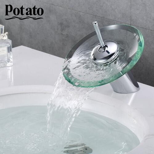 Potato High Quality Brass Circle Waterfall Glass Bathroom Basin Mixer Tap Vessel Chrome Polished Finish Faucet Sink p1094