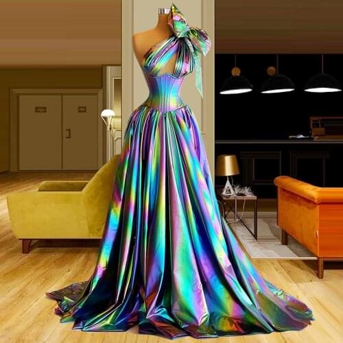 Multi Color One Shoulder Long Prom Dresses A Line Arabic Evening Gowns Custom Made Cut-out Design Party Dress Vestido Festa