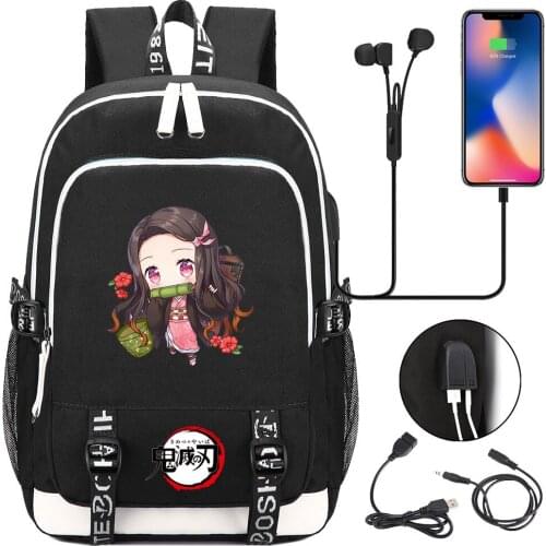 New Kawaii Anime Demon Slayer Prints USB Boy Girl Kids Book School Bags Teenagers Student Women Men Laptop Travel Backpack