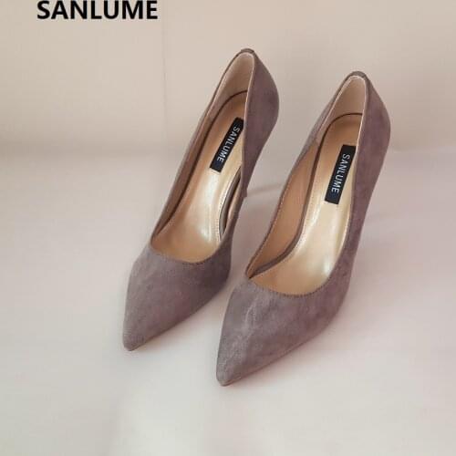 SANLUME Women fashion High heels Real Suede Pumps Lady Pointed Toe Black Dress shoes 10cm heels inside made sheepskin