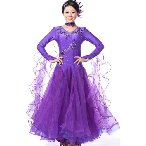 Modern Dance Dress Costume ballroom Waltz square dance dress big flare hem ribbon mesh hem