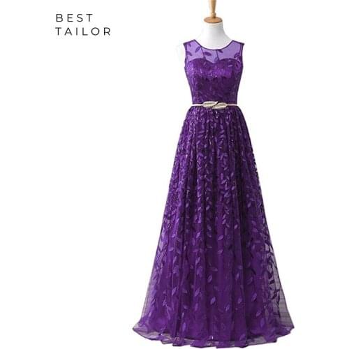 Evening Dresses Purple Leaf Lace Sashes Sheer Neck A-Line Women Long Formal Gowns vestidos de fiesta de noche robe de soiree