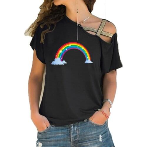 Women Rainbow graphic t shirt Womens Short Sleeve fashion new tshirt Irregular Skew Cross Bandage tee tops