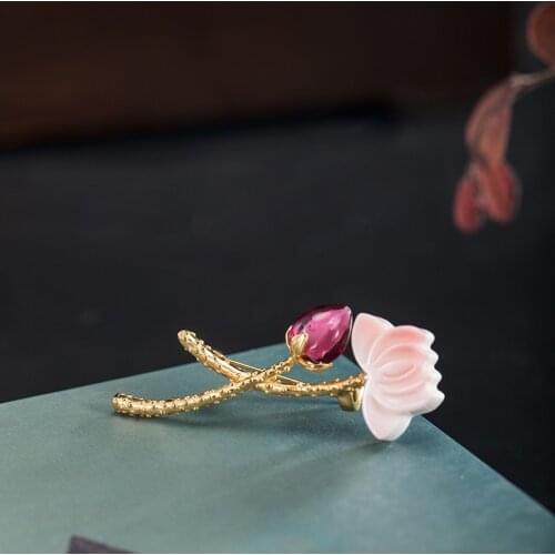 Woman Vintage S925 Sterling Silver Shell Lotus Crystal Flowers Brooch Lady 14k Gold Jewelry Luxury Lady Party Birthday Gift