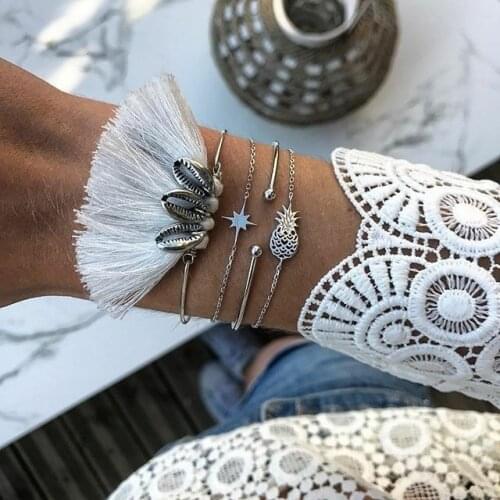 Bohemian Pineapple Shell Tassel Bracelets for Women Silver Color 2019 Fashion Jewelry Hand Chains Set Female New Arrival