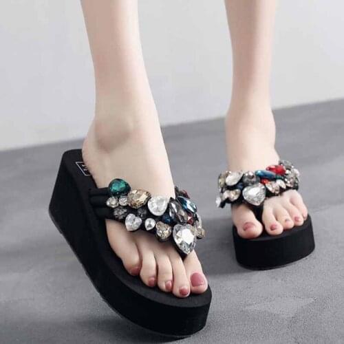 2019 Womens Slippers Summer Beach Casual Shoes Girls Crystal Wedges Slipper Fashion Loafers Platform mujer slides womens slate