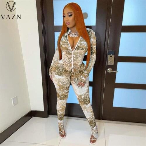 VAZN 2021 summer women fashion new street casual style jumpsuits long sleeve zipper printed jumpsuits long pants