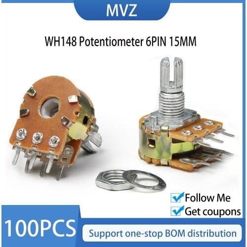 100pcs WH148 B1K B2K B5K B10K B20K B50K B100K B500K 6Pin Shaft Amplifier Dual Stereo Potentiometer 1K 2K 5K 10K 50K 100K 500K