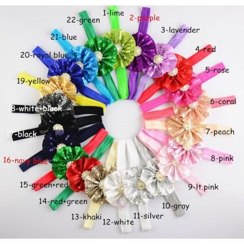 110 pcs/lot , Wholesale 2.75 inch Round Sequin Flower Elastic Headband with Pearl Rhinestone