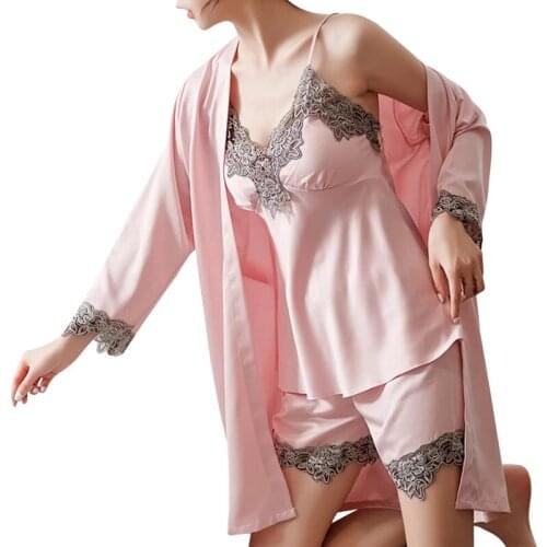 5PC Silk Robe Sleep Suit Womens Lace Satin Pajamas Gown Set V-Neck Nighties Wear Pijama Home Nightwear 2021 Spring Nightdress
