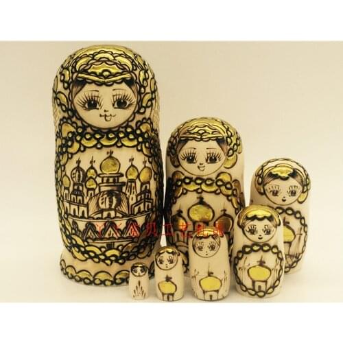 7pcs/set Wood Doll Russian Nesting Dolls Golden Matryoshka Dolls Creative Christmas Gifts Traditional Matryoshka Dolls Toys