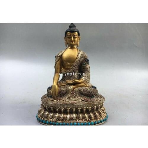 8''Nepal Bronze Gold Silver coral turquoise Sakyamuni Vairocana tathagata buddha