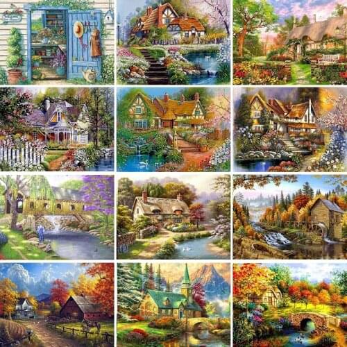 5D DIY Diamond Painting Landscape Villa House Cross Stitch Kit Full Diamond Square Embroidery Mosaic Picture Home Decoration Gif