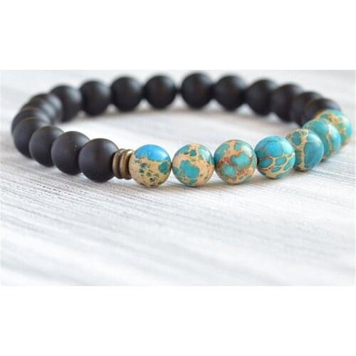 8mm Blue Imperial Jasper Onyx Beads Handmade Mala Bracelet Prayer Spirituality Wristband Classic Tibetan Meditation Religious