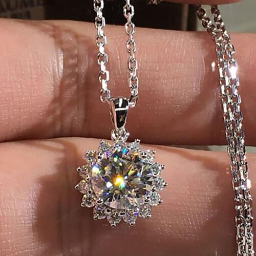 18K White Gold Women Pendants Necklaces Moissanite Diamond 0.5 1 2 3 4 5 Carat Round Sun Flower Wedding Engagement Party Gift