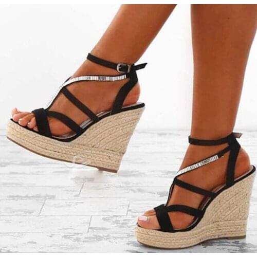 Carpaton Rhinestone Open Toe Wedge Sandals Summer Open Toe Rope Braided Platform Shoes Woman Crystal Suoer High Cutouts Heels