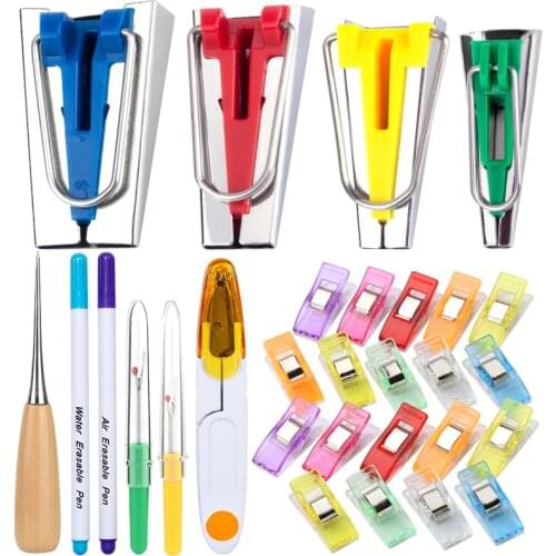 KAOBUY 30Pcs Sewing Tools Sets Sewing Clips Fabric Bias Tape MakersSewing Awl Thread Cutter Water Erase Pen DIY Patchwork Tools