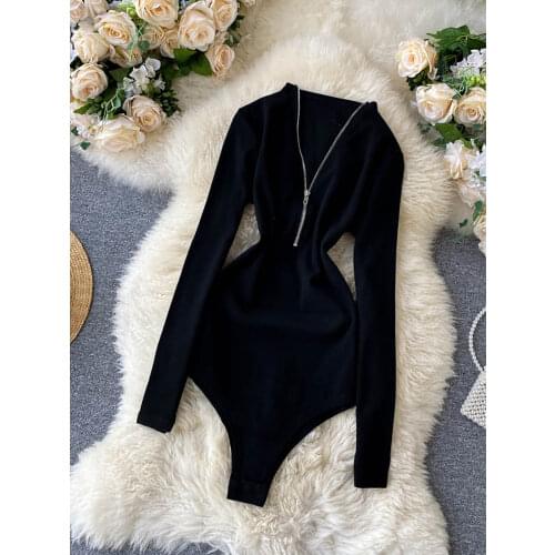 Vintage Black/Gray Zipper Knit Romper Women Elegant Long Sleeve Slim Bodycon Jumpsuit Female Fashion Playsuit 2021 Spring Summer