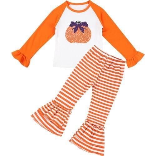 FEESHOW Kids Girls Halloween Party Outfit Sets family gathering Clothes Pumpkin Top with Striped Striated Bell-Bottoms Pants
