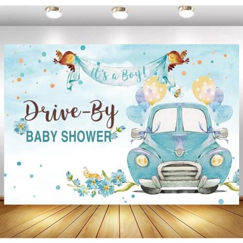 Cartoon Blue Car With Balloons Baby Shower Backdrops Photographic Bird on Sky Boy Birthday Party Photo Backgrounds