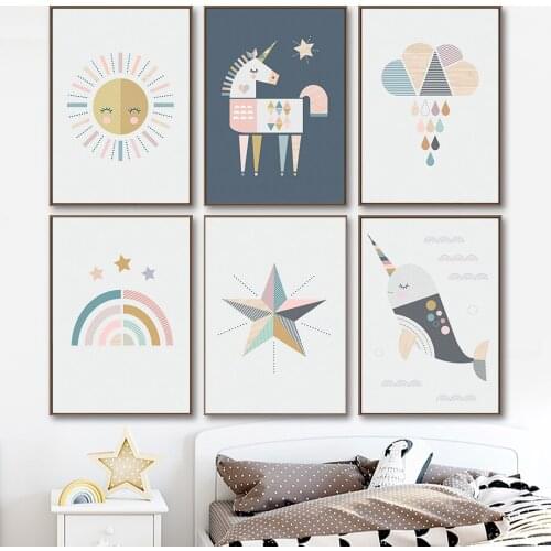 Rainbow Unicorn Whale Cloud Pattern Wall Art Canvas Painting Nordic Posters And Prints Wall Pictures Kids Cuten Baby Room Decor