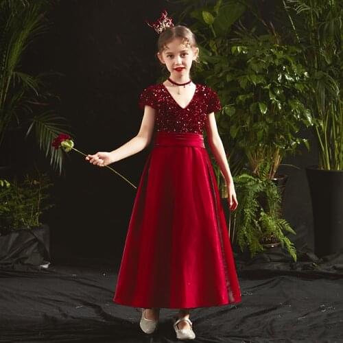 Flower Girl Dress Sequined Pleat Sashes V-Neck Short Princess Ankle-Length Tulle Burgundy Luxury Cute Lace Kids Party Gown H183