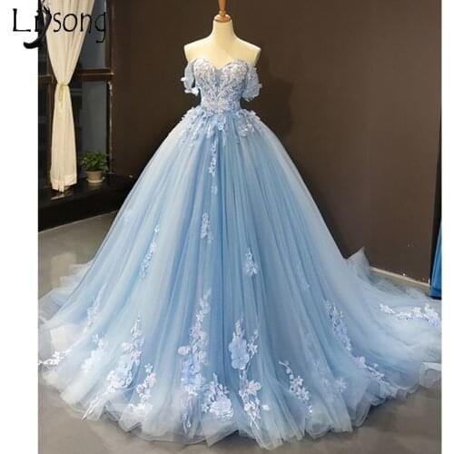 Off Shoulder Sky Blue Tulle Appliques Lace Senior Prom Dresses Ball Gown Evening Dress Court Train Formal Party Gowns REAL PHOTO