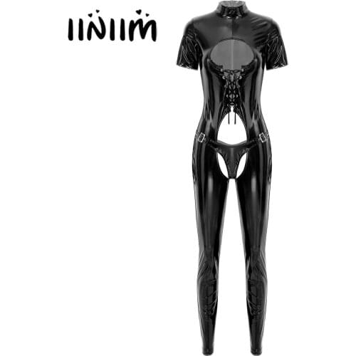 Sexy Womens Hollow Out Lace-up Patent Leather Bodysuit Crotchless Catsuit Rave Bar Pole Dance Clubwear Key Hole Skinny Jumpsuits