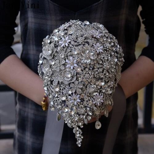 JaneVini Gray Waterfall Wedding Bouquets De Fleur Mariage Shining Silver Crystals Beaded Flowers Rhinestone Bridal Hand Bouquet