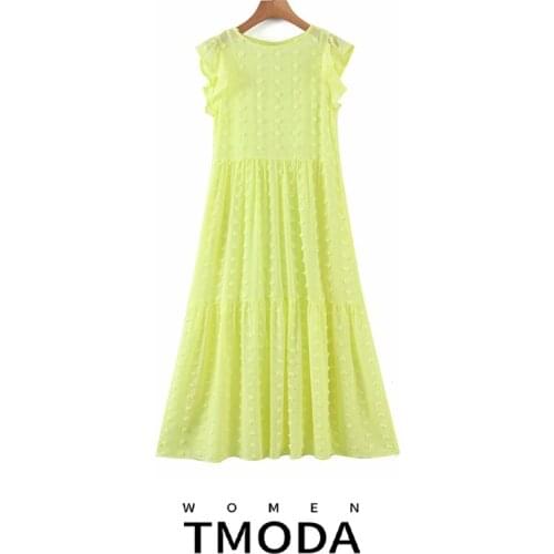 TMODA963 2021 Fashion Women Solid Yellow Tassel Dress Summer Sleeveless Ladies Vintage Midi Dress Vestidos